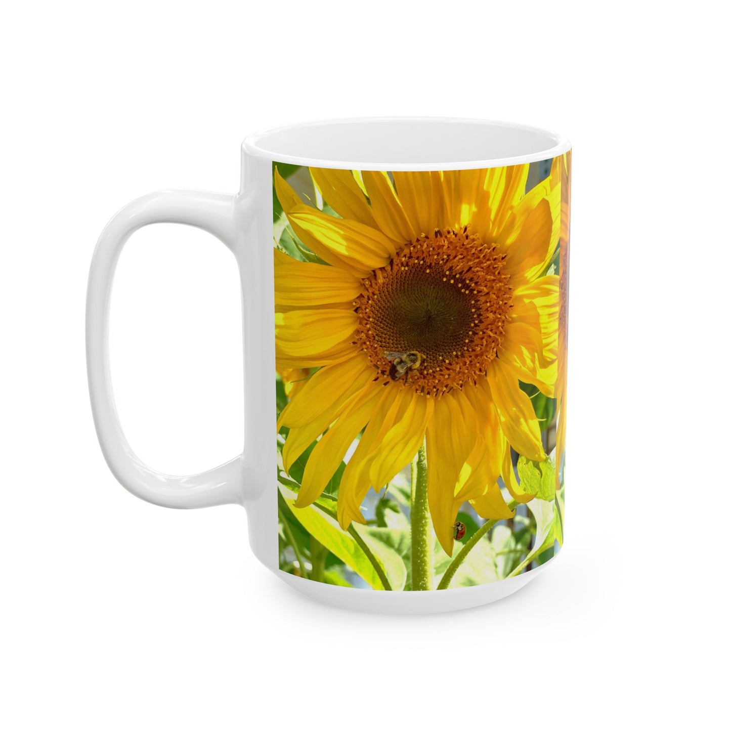 Sunflower with Bee and Ladybug Ceramic Mug, (11oz, 15oz)