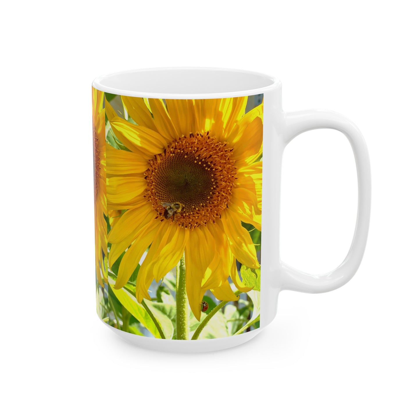 Sunflower with Bee and Ladybug Ceramic Mug, (11oz, 15oz)