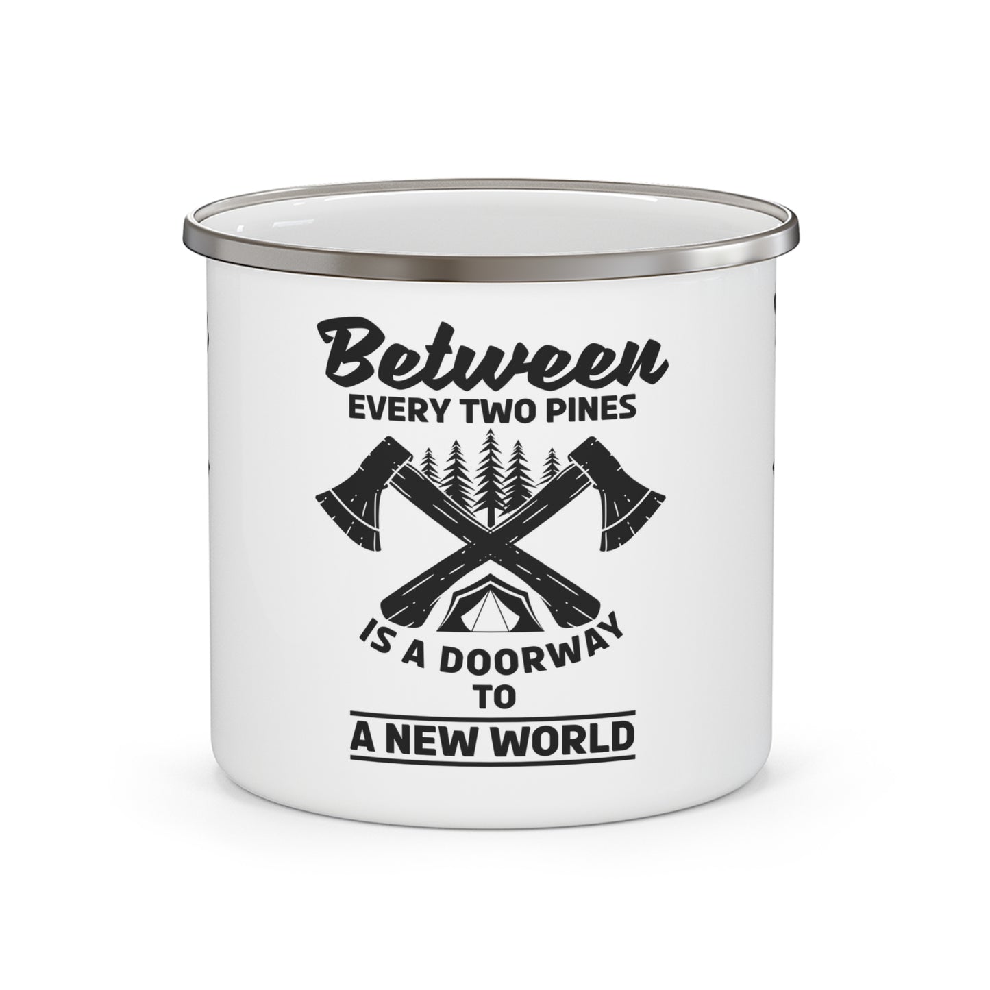 Between Two Pines Enamel Camping Mug