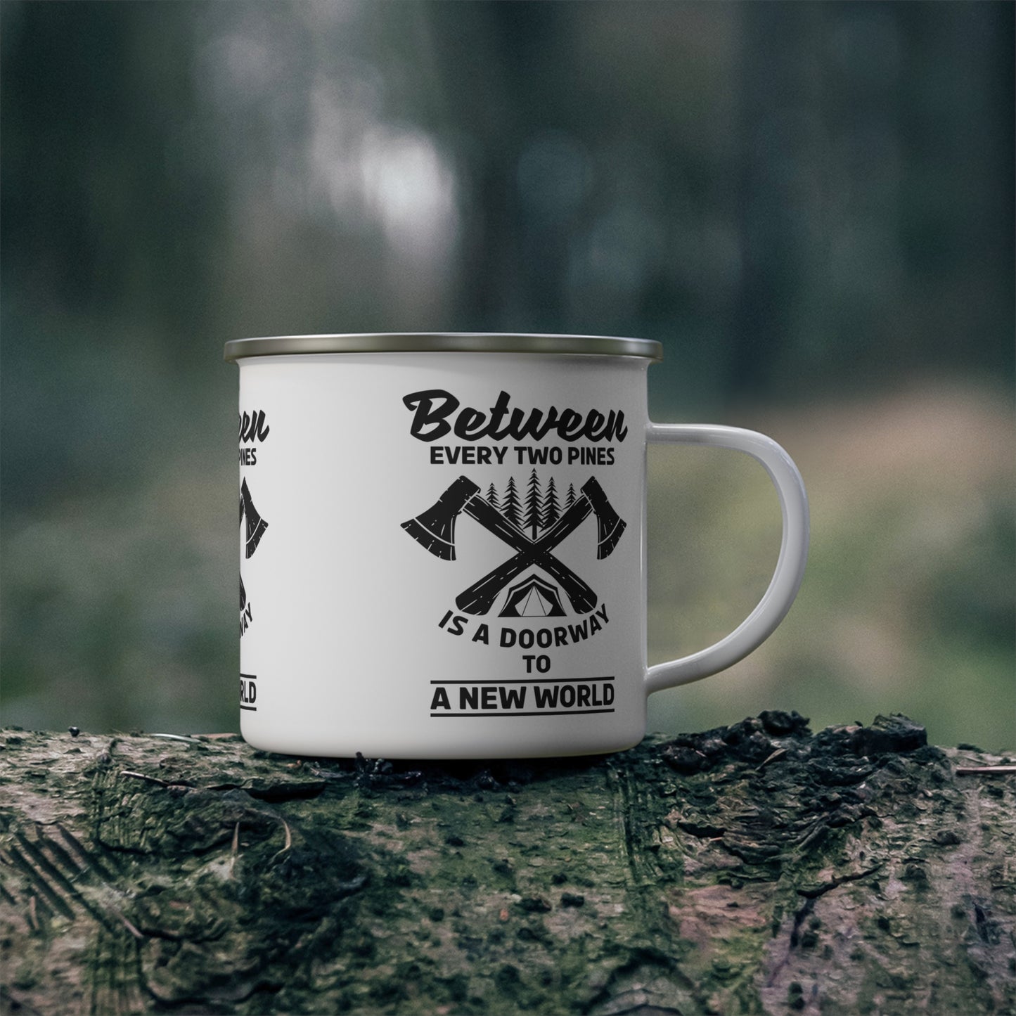 Between Two Pines Enamel Camping Mug